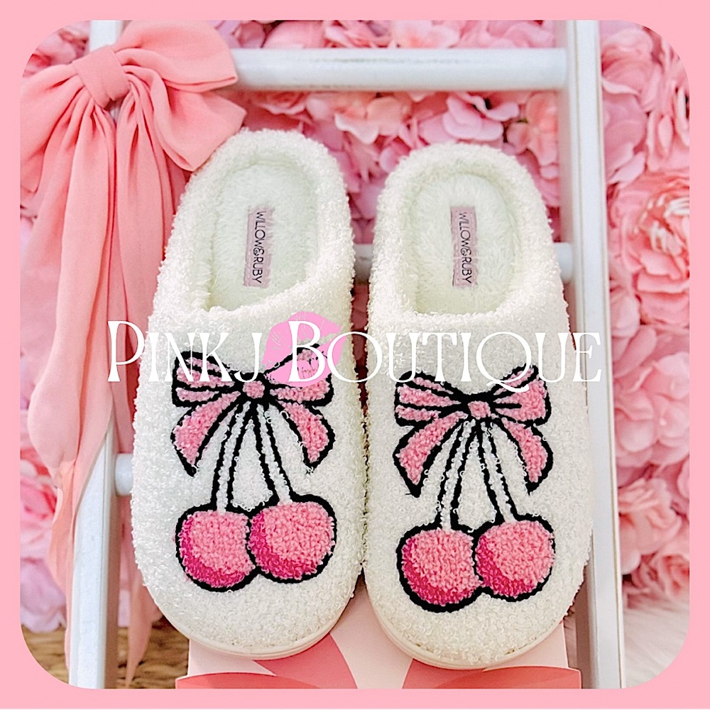 💗🍒{Cherry Coquette} Beautiful Print {Willow & Ruby} Bow Slippers | Slides!